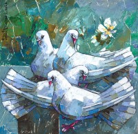 Iqbal Durrani, Restful Quartet, 18 x 18 Inch, Oil on Canvas, Pigeon Painting, AC-IQD-200